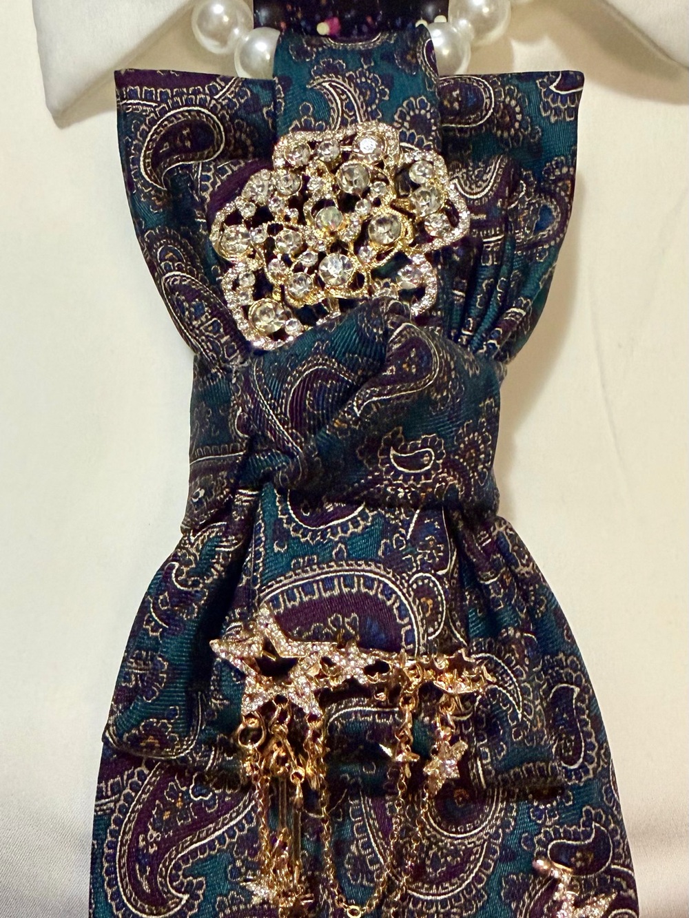 Teal Paisley Brooch Tie Necklace with Crystal Pin